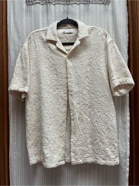 Zara Men Geometric Jacquard Shirt Med Ecru White knit casual short sleeve size M